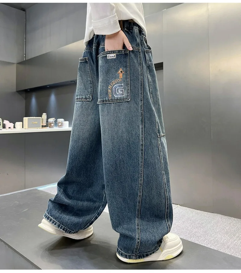 2026 Kinder-Jungen-Jeans UNITIM Herbst Kinder Jungen Gerade Denim-Hosen Lose Elastische Taille Junge Teenager Jungen Weite Hosen – Detail 12