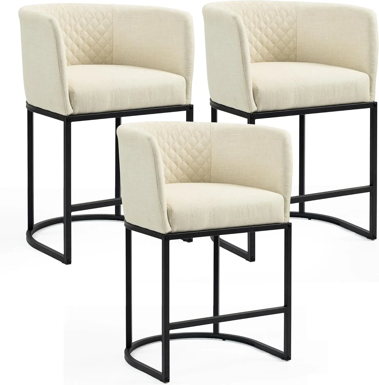 Ecotouge 26"" Modern Bar Stools Set Of 3, Barrel Counter Stools With Curved Back & Arms, Linen Fabric Upholstered Island Stools