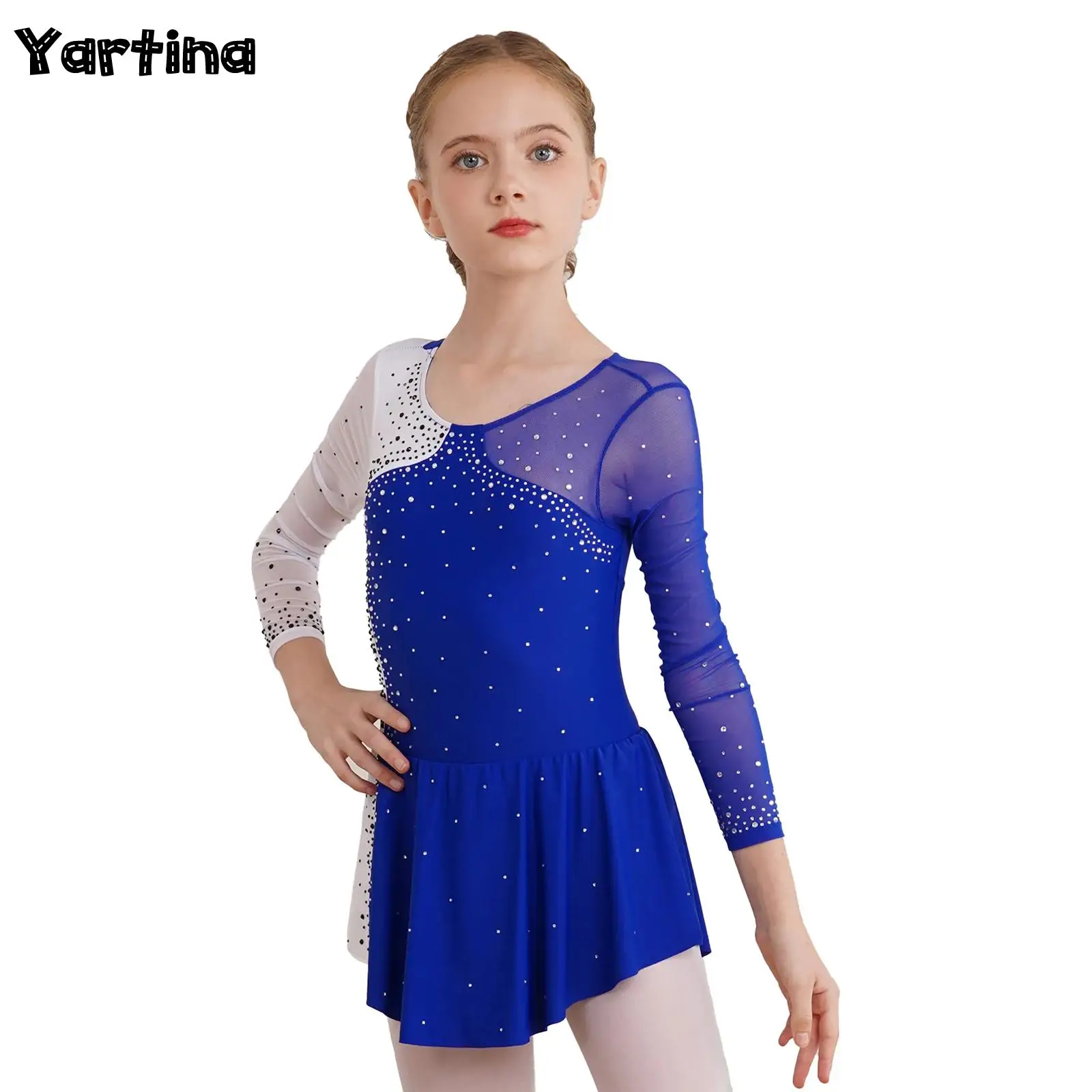 Kids Girls Rhythm Gymnastics Ballet Ballerina Leotards Costumes Long Sleeve Shiny Rhinestone Artistic Figure Skating Dance Dress