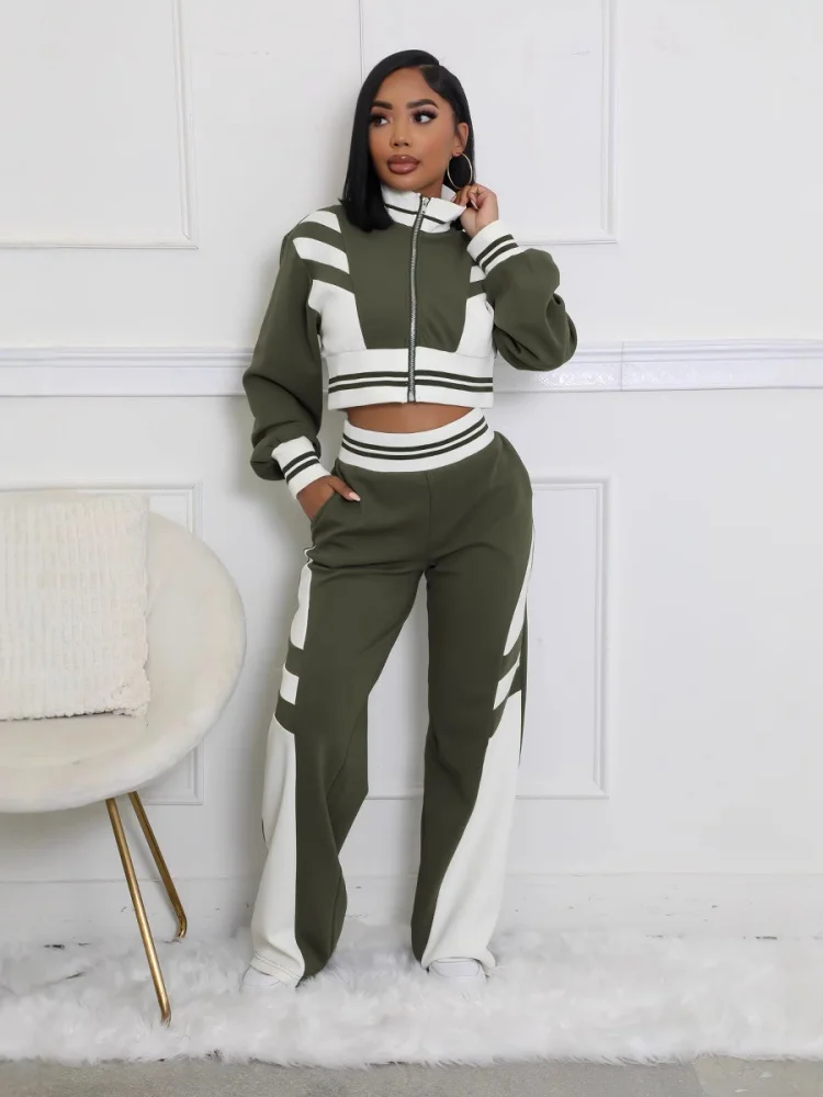 

Three Sisters Autumn Winter New Fashion Casual Holiday Party High Neck Zipper Splicing 2 Piece Sets Woman Outfit Pantsuits
