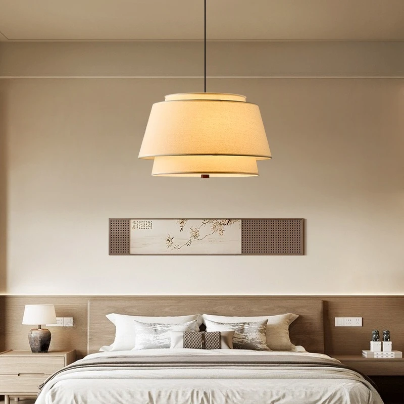 

Vintage Aesthetic Fabric LED Pendant Light Personalized Double-layer Rotundity Hanging Lamp Restaurant Bedroom Living Room Decor