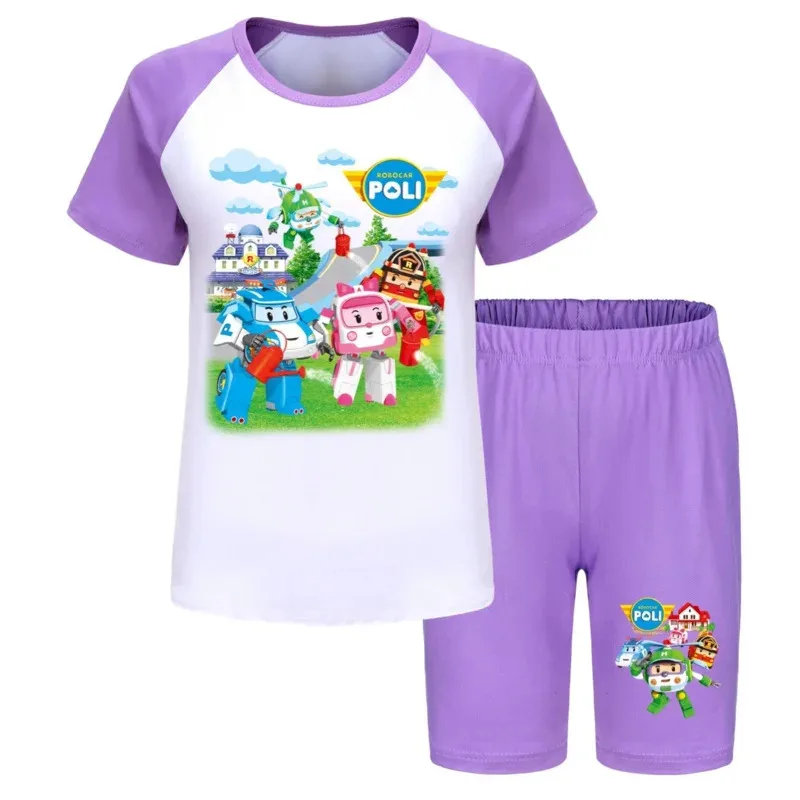 Robocar Poli الأطفال منامة مجموعة ملابس المنزل تي شيرت السراويل 2 قطعة RobocarPoli الكرتون أنيمي منخفضة الخصر الفتيان الفتيات الملابس #5