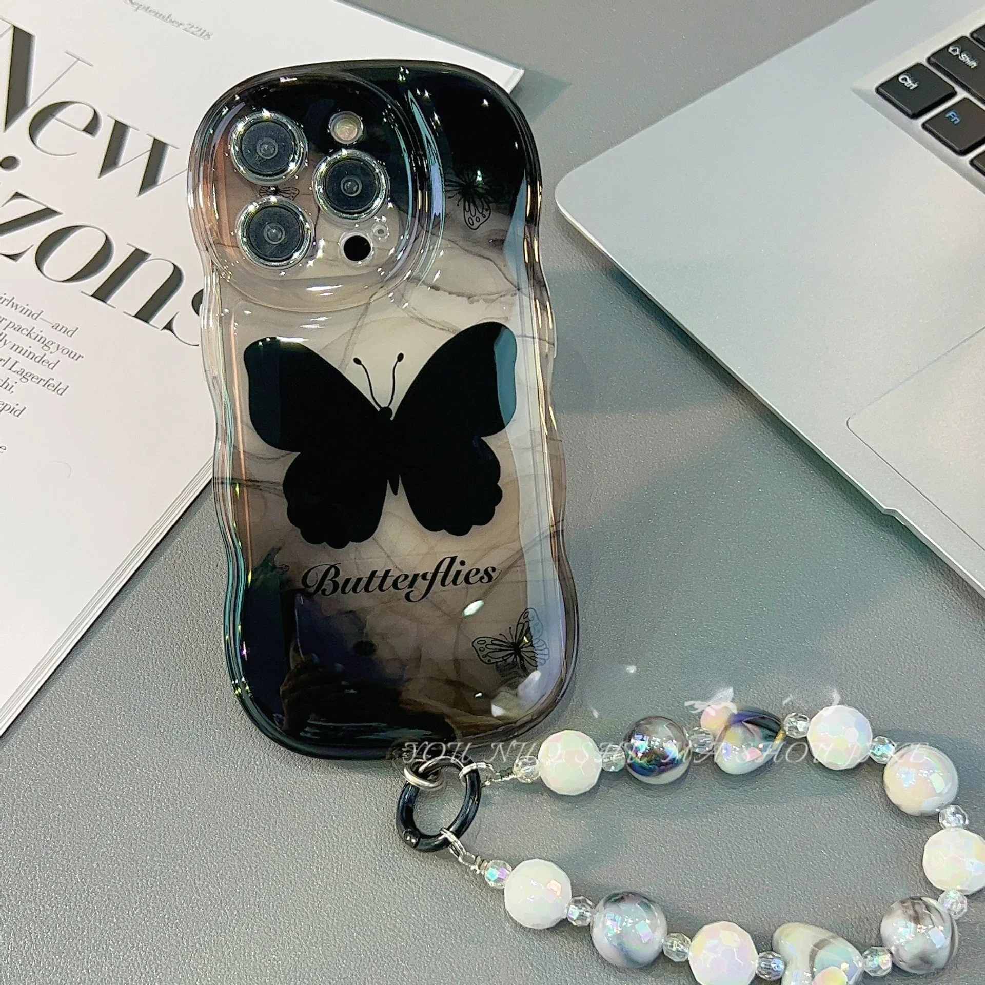 

New Suitable for iPhone 15 Halo Dyed Butterfly Holder Case 14promax Carrying Chain 13pro Air Cushion Wave Edge11Protection Cover