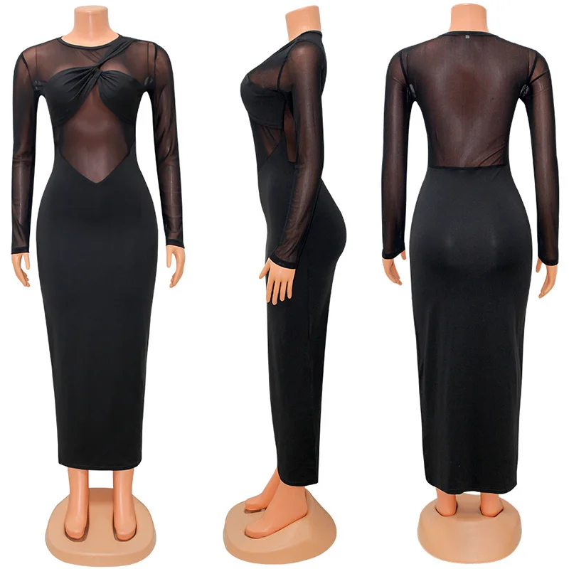 Sexy malha sheer clube vestidos para mulheres festa de aniversário roupas elegante manga longa retalhos meia-noite bodycon maxi vestido