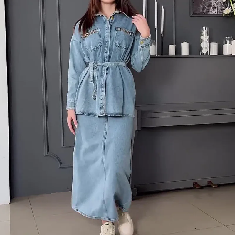 Two Piece Skirt Sets Women High Waist Long Denim Skirts Button Full Sleeve Splice Jeans Coats Pocket Lace Up Loose Fit