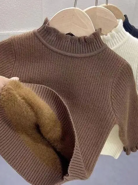 Suéter de Invierno para Niñas, ueso, de Forro Polar, Estilo Casual, Cuello Floral Cálido, Csa Base, Versión Coreana, Est...