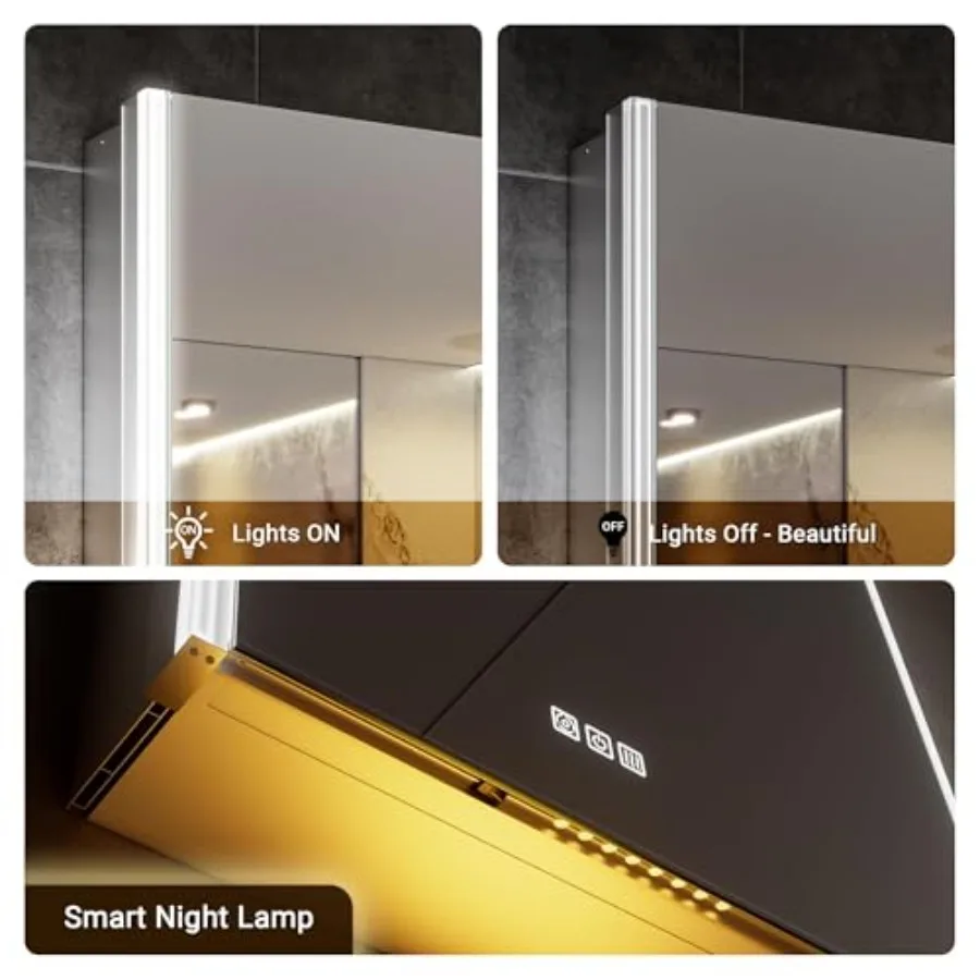 Bathroom medicine cabinet mirror with LED lights, fogless dimmable glass, white finish, smart night lamp, built-in sensor light