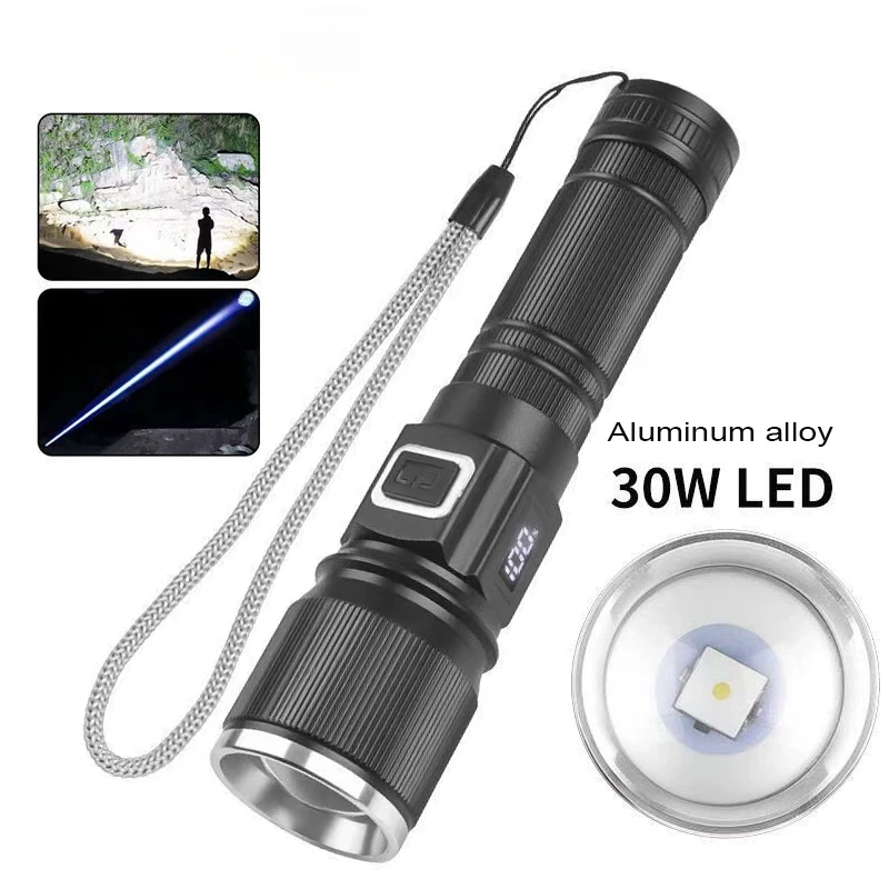 Lampe de poche Laser blanche haute puissance, projecteur LED très brillante, torche longue portée, Zoom d'urgence pour l'extérieur, avec indicateur de batterie