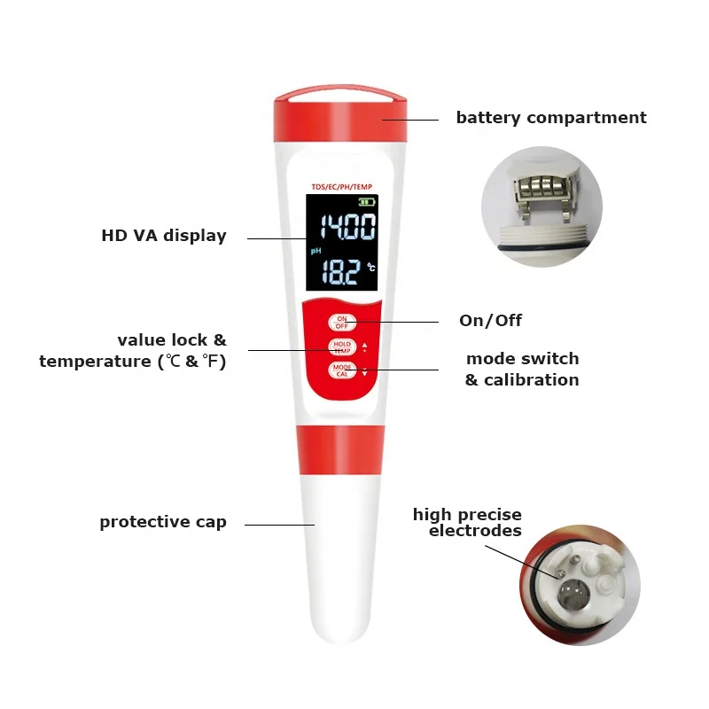 4 in 1 Temperature Conductivity Meter Pen Type TDS EC PH Tester for Drinking Water