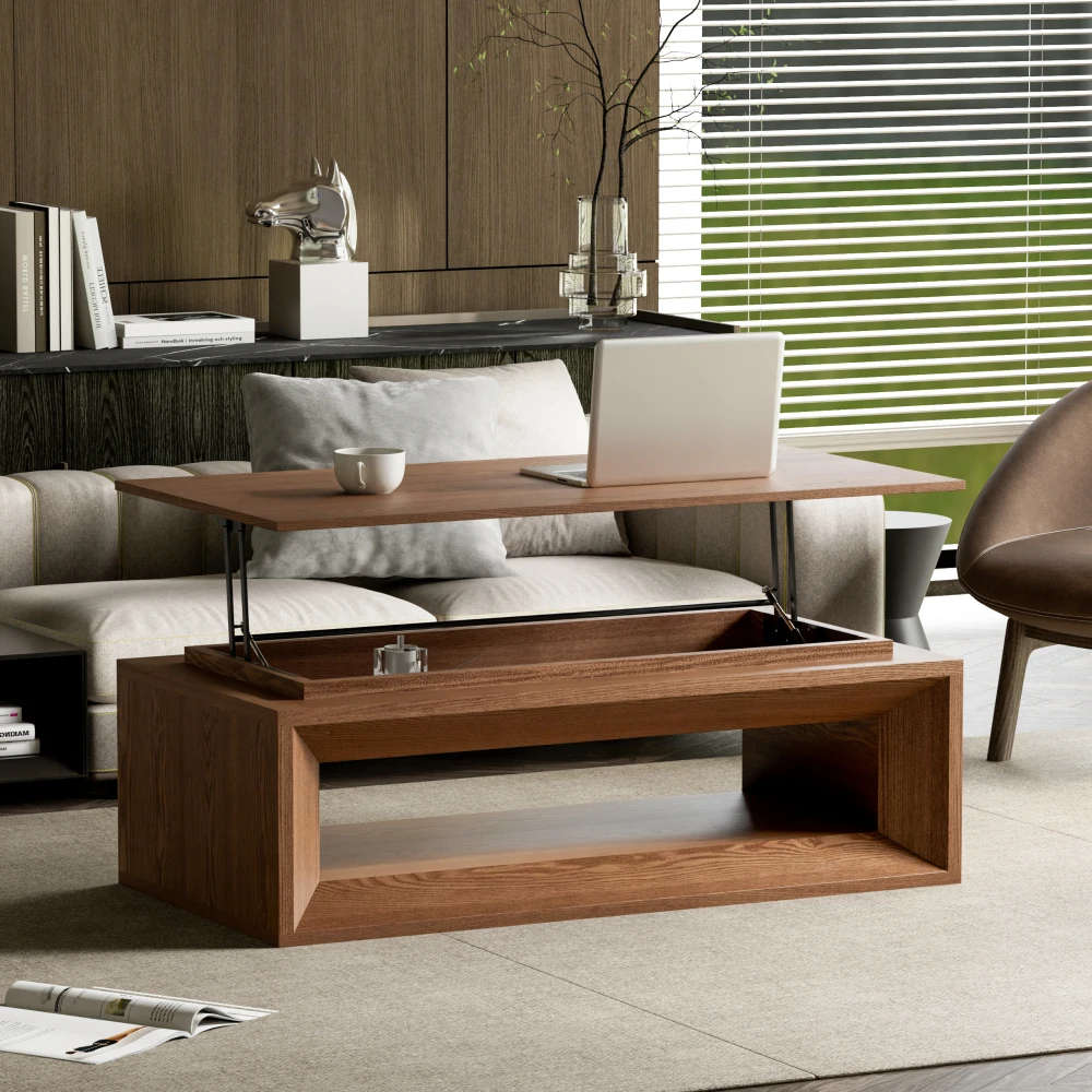 

43.3'' Lift-top Coffee Table Solid Wood Veneered Modern Coffee Table Accent Tea Table , Apartment or Office, Walnut