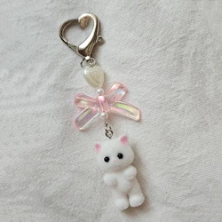 Cute Fuzzy Kitty Cat Heart Bow Keychain, Kitten, Kawaii, Pink Bow, Pearl Heart
