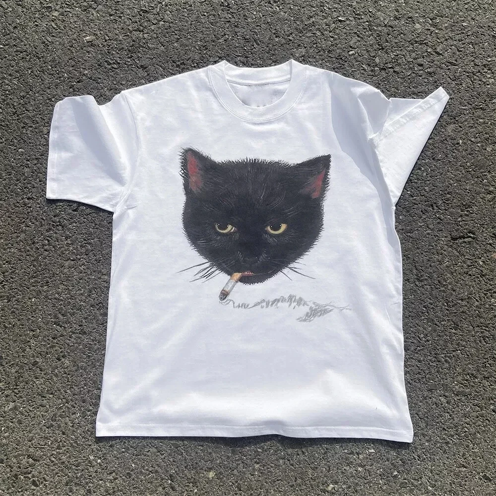 Y2k Smocking Cat Graphic Print Punk 90s Grunge Retro Rock Hip-hop Vintage Style White Crop Top Tee E-girl Sexy Emo T-shirt