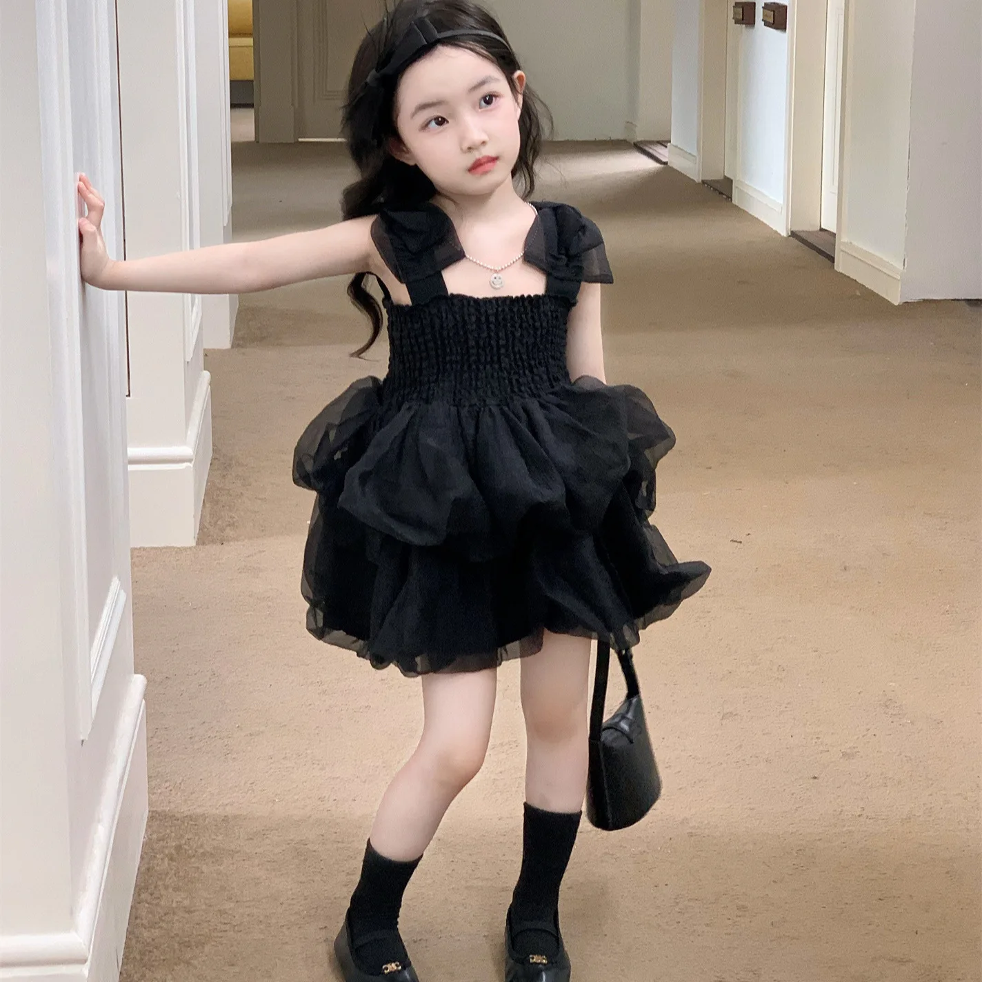 

Girls Skirt 2025 Summer New Childrens Wear Korean Style Girl Baby Bow Sling Princess Flower Pod Dress Casual Simple Daily