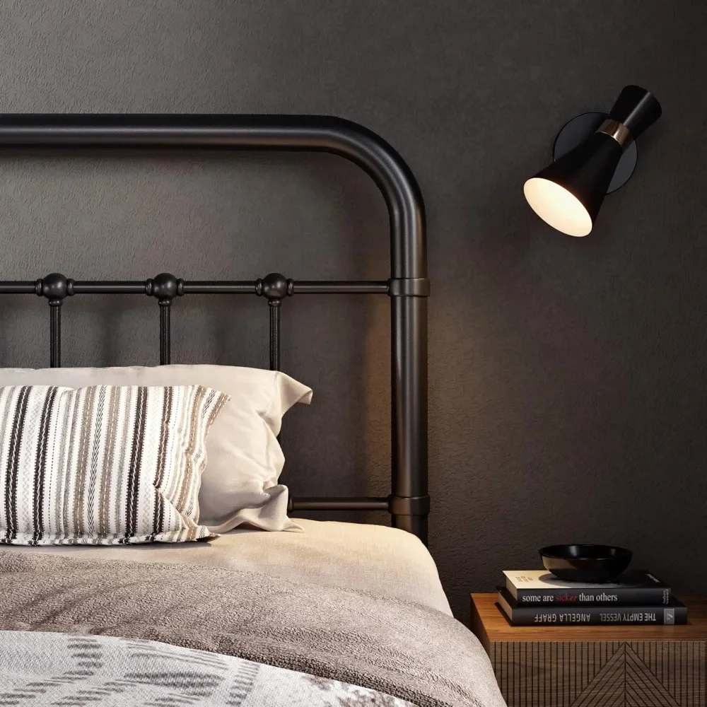 Queen Size Metal Plataforma Bed Frame, estilo vitoriano Cabeceira de ferro forjado, Footboard, sem caixa Primavera necessária, preto