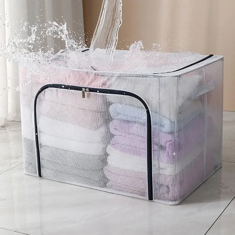 Caja de almacenamiento transparente grande con cremallera para ropa, caja de almacenamiento para mudanza, organizador de juguetes impermeable, caja apilable, material de tela duradero