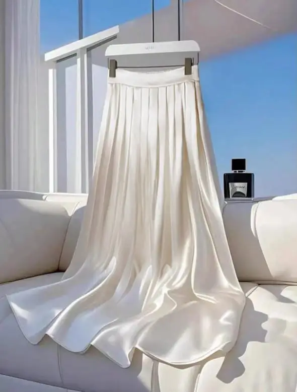 New Women's Formal Flowy Elegant Maxi Skirt Satin Fabric  Pleated Design Umbrella Skirt Half Body Skirt