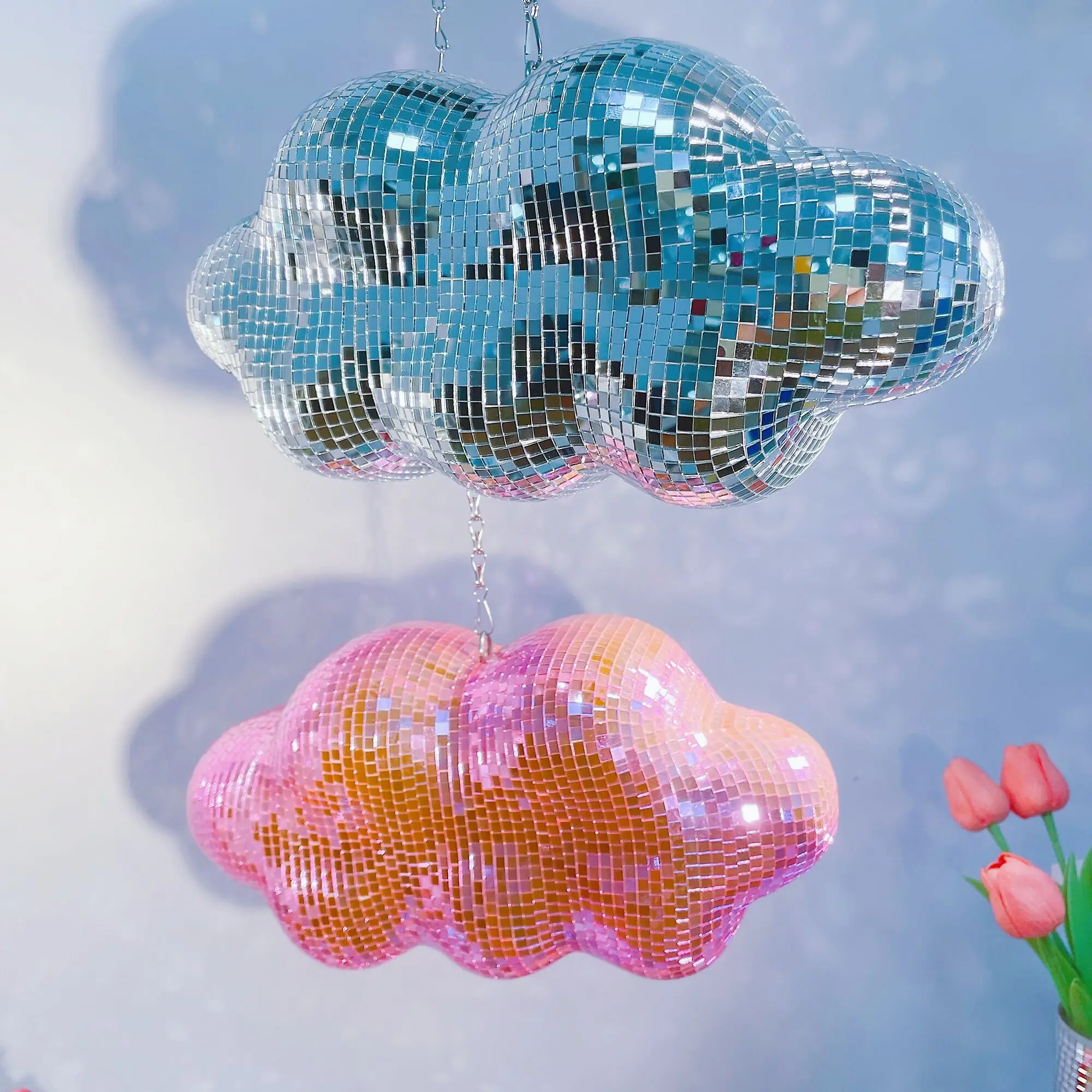 1 decoración de bola de discoteca en forma de nube de estilo bohemio: espejo de lentejuelas brillantes con cadena colgante, bodas, fiestas y perfectos