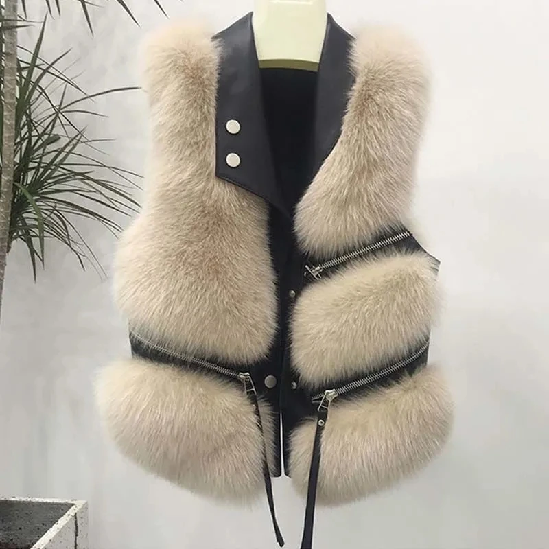 Women Autumn Winter Fake Fur Vest Short Coat 2025 New Slim Waistcoat Splicing Imitation Fox Fur Vest Women Fur Grass Coat Vests