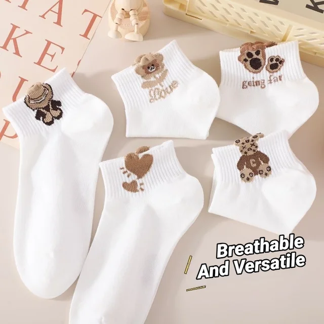 5 Par Damskich Skarpetek do Kostki z Wzorem Misia Teddy, Wszechstronne, Modne, Kreatywne, Oddychające, Wygodne, Codzienne Skarpetki
