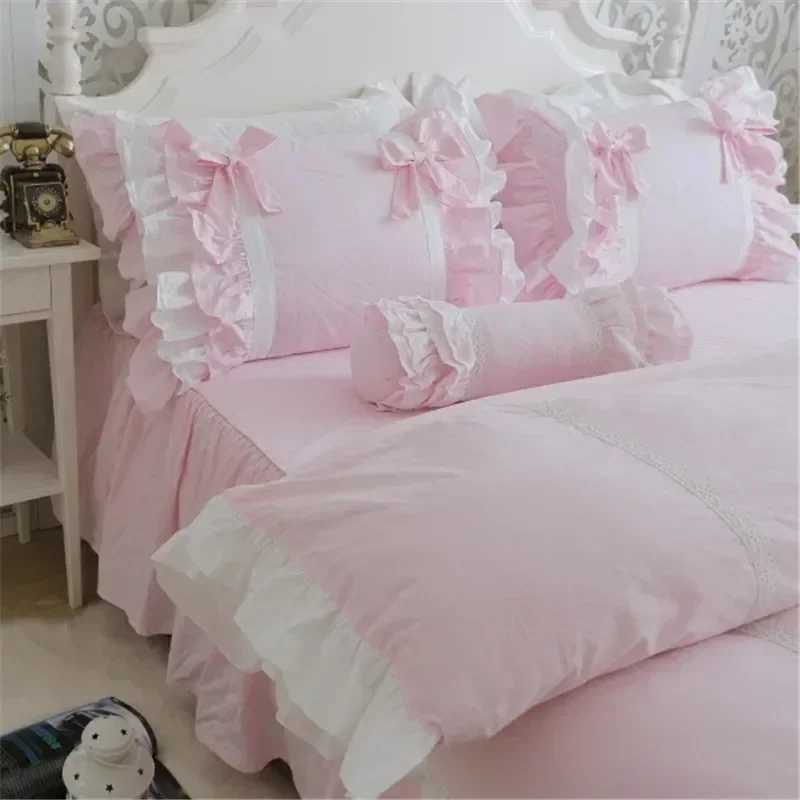 New Luxury Layers Bedding Set Sweet Princess Bow Ruffle Duvet Cover Wedding Bedding Pink Bed Sheet Girl Baby Bed Skirt Cover