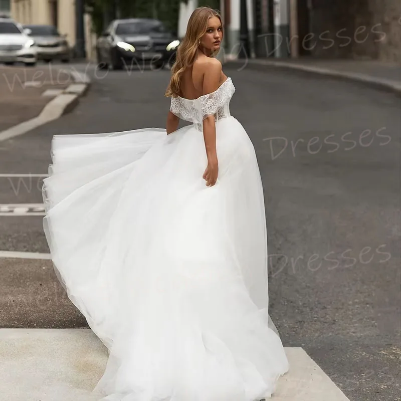 Gorgeous A Line Women's Lace Off The Shoulder Wedding Dresses Robe De Mariée Customized Sleeveless Bride Gowns Vestido De Novia