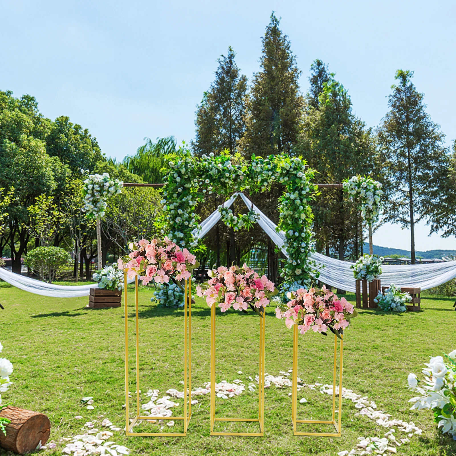 

Gold Set of 3 Metal Stand Wedding Decoration Gold Road Lead Flower Metal Centerpiece Wedding Supply Plant Stand High Square Rack