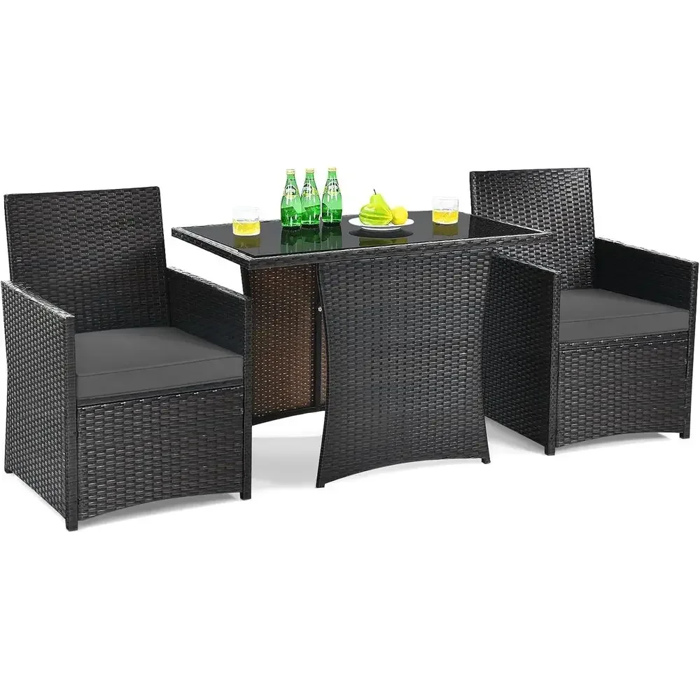 

3-Piece Outdoor Bistro Set with Glass Top, Cushions, and Rattan Furniture for Patio, Balcony, or Deck in Grey