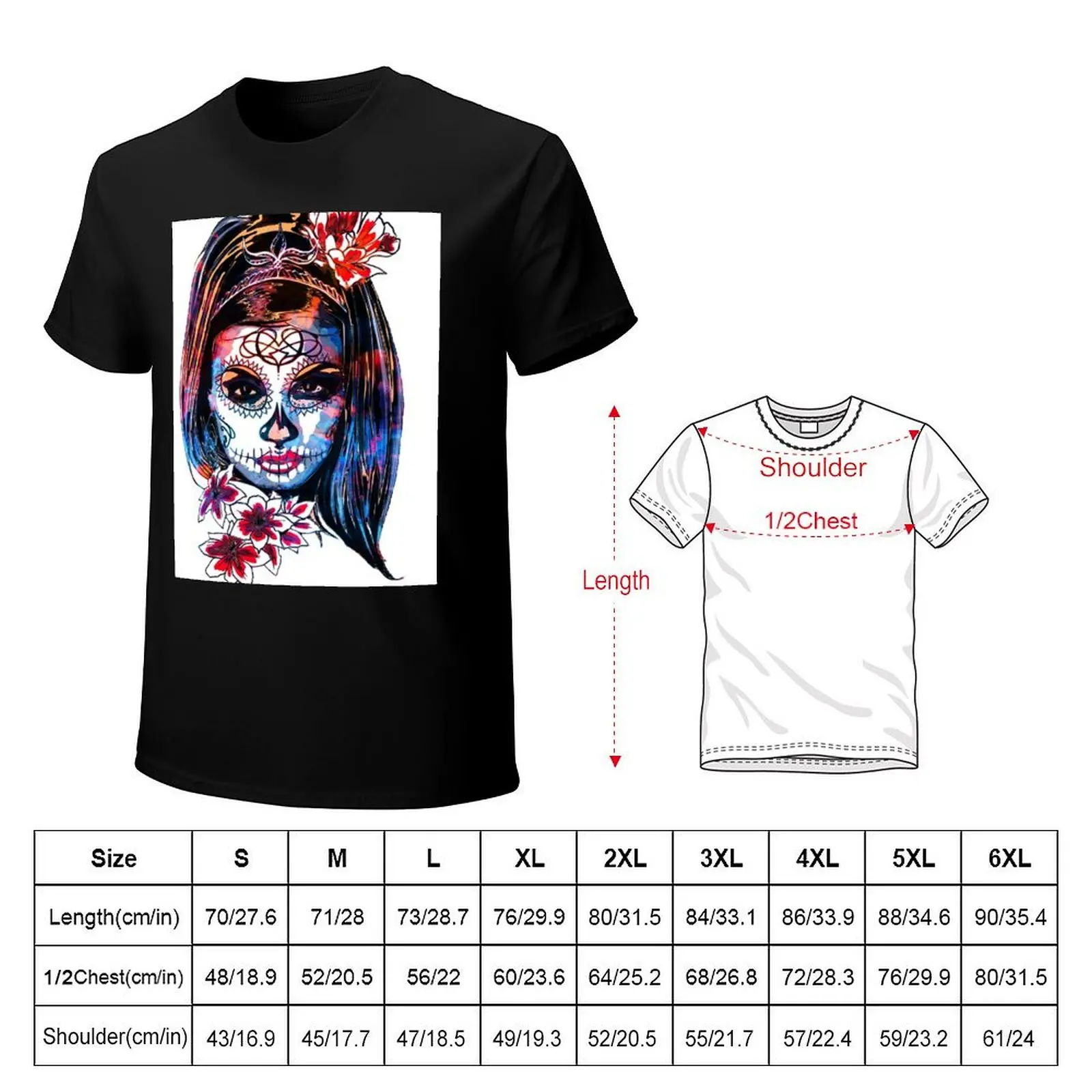 Multicoloured La Catrina Dia de los muertos T-Shirt Modern Print Casual T-Shirt