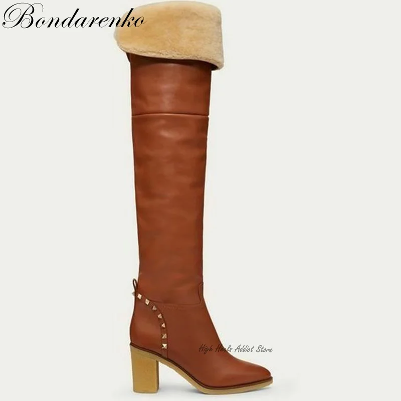 Brown Furry Chunky Heel Over Knee Boots Women Pointy Toe Leather Winter Wram Snow Boot Luxury Designer Everyday Dress Shoes