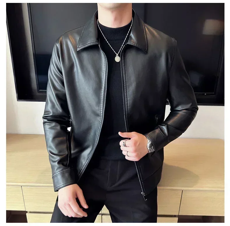 Men's Business Slim Leather Jackets Men Fashion Casual Luxury Warm Cotton Leather Jackets Windproof Motorcycle PU Leather Coats