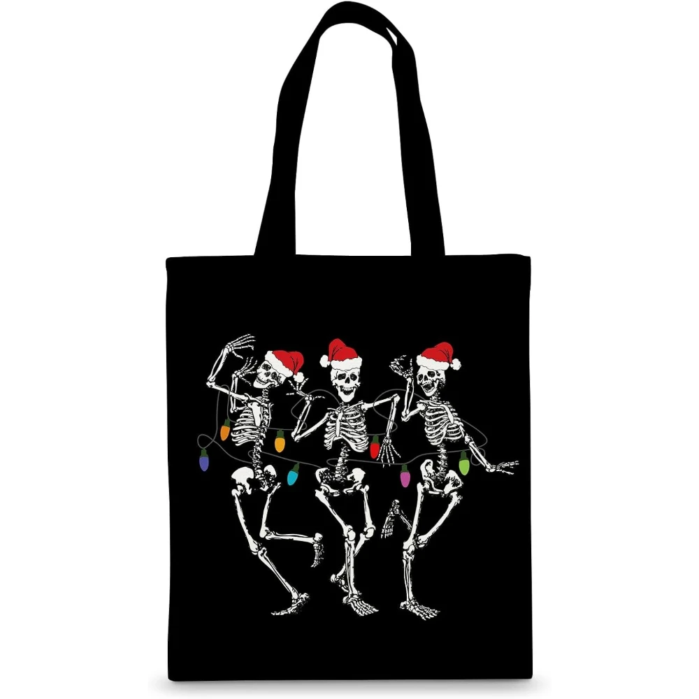 Christmas Canvas Tote Bags Dancing Skeleton with Santa Hat Shopping Bag Black Reusable Gift Goodie Bag for Wrapping Storage