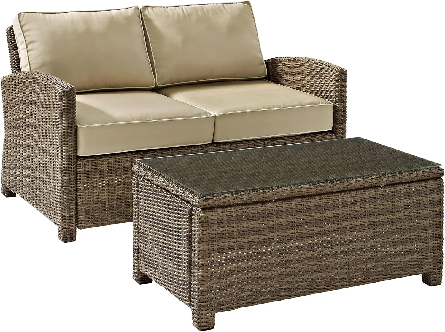 Crosley Furniture Bradenton 2-Piece Wicker Outdoor Coffee Table and Loveseat Patio Furniture Set for Porch, Brown with Sand Cush