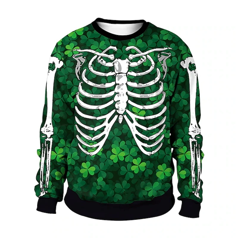 St. Patrick's Day Sweatshirts For Men Women Loose Crew Neck Y2k Long Sleeved Pullover Irish Shamrock 3d Printed Fake Tuxedo Tops