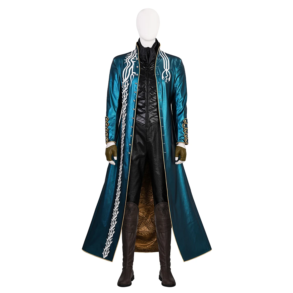 

Game DMC5 Cosplay Vergil Costume Nelo Complete Outfit Green Coat Halloween Vergil Cosplay Wig Carnival Men Suit Jacket Vest
