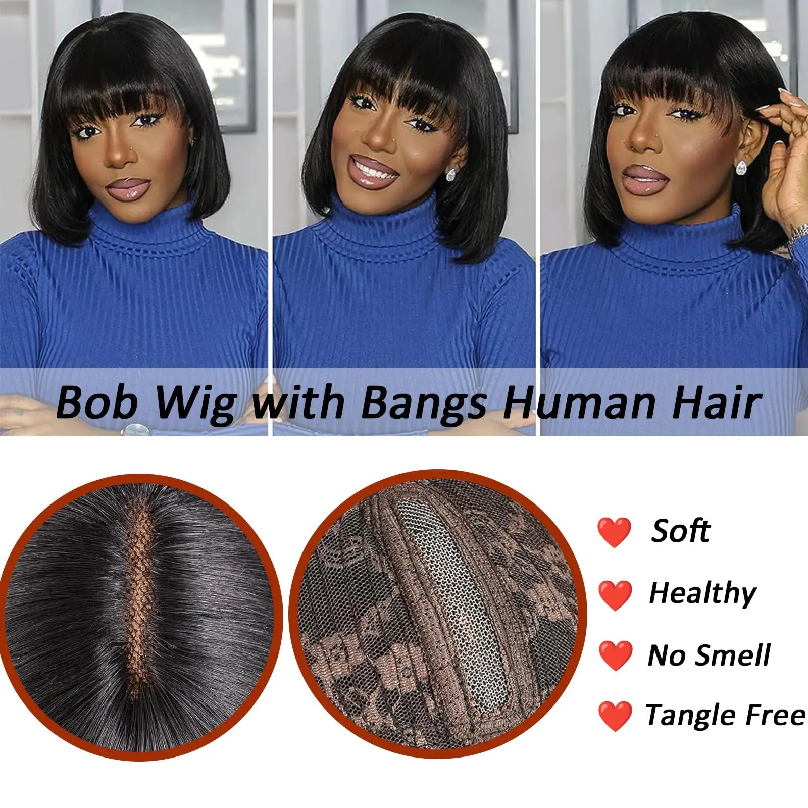 Glueless Straight Bob Wig With Bangs 2x1 Lace Middle Part Wigs Short Bang Bob Wig Straight Hair Natural Black Bang Bob Wigs