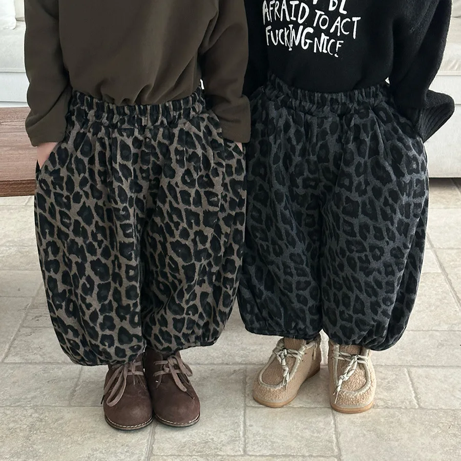 Boys and Girls' Thick and Warm Wide Leg Lantern Pants Children's Winter Forest Series with Velvet Leopard Print Pants