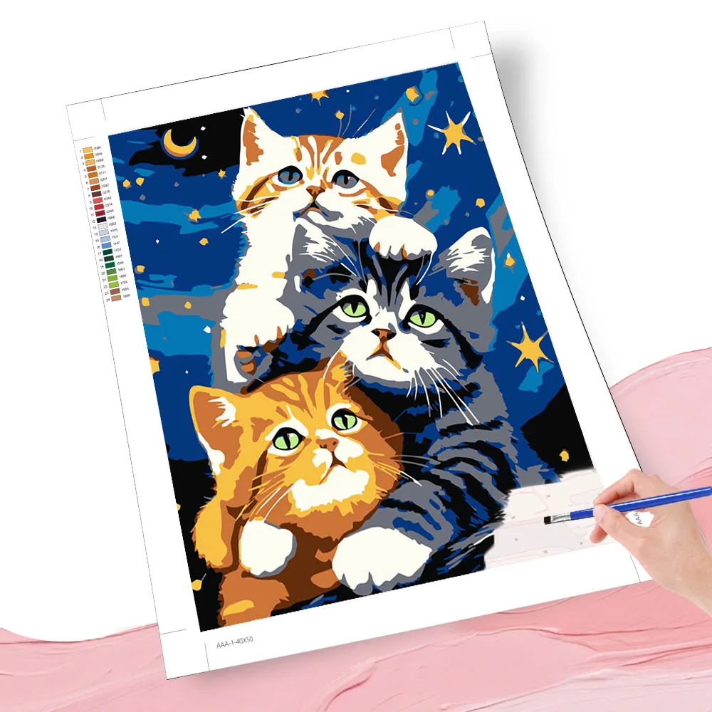 Painting By Number Kits Playful Kittens Under Starry Night DIY Digital Oil Painting Animals Coloring Artcraft Handpaint