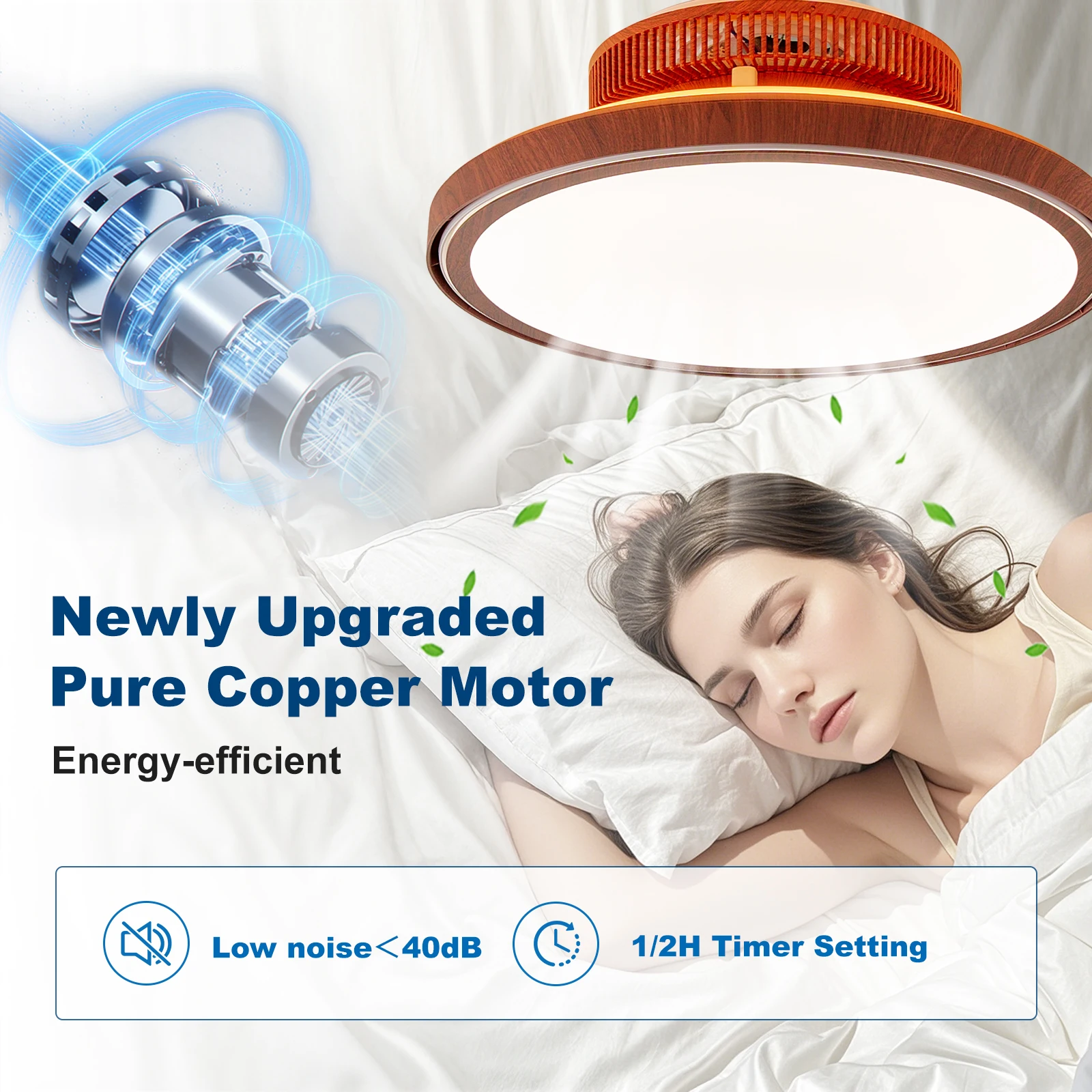 Farmhouse 18" Embedded Ceiling Fan with Light and Remote Control Wood Grain Enclosed Dimmable LED Chanelier Fan for Bedroom