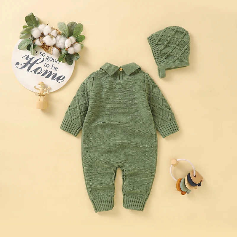 Baby Romper Autumn Long Sleeve Newborn 2PC Boy Jumpsuit Outfits Knit Infant Children Clothing Hat Fashion Turndown Collar Onesie