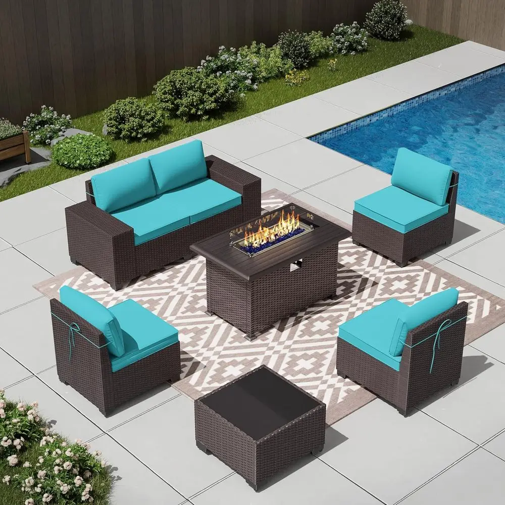 

Turquoise Blue Outdoor Patio Sectional Set with 43 Gas Propane Fire Pit Table and All-Weather PE Rattan Wicker