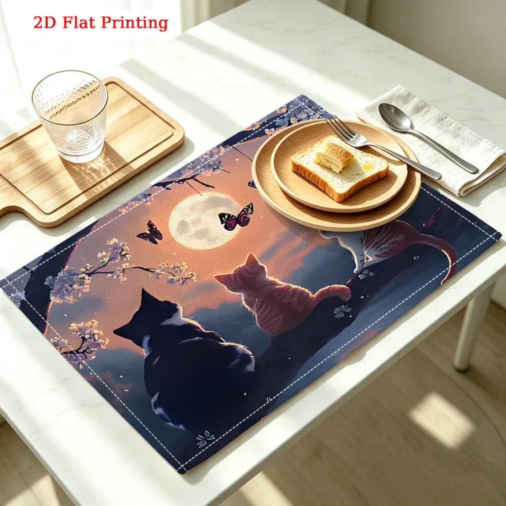 4Pcs Cat Moon Butterfly Placemat Orange Blue 2D Flat Printing Table Mat Kitchen Dining Decor Non Slip Heat Resistant 30X45cm
