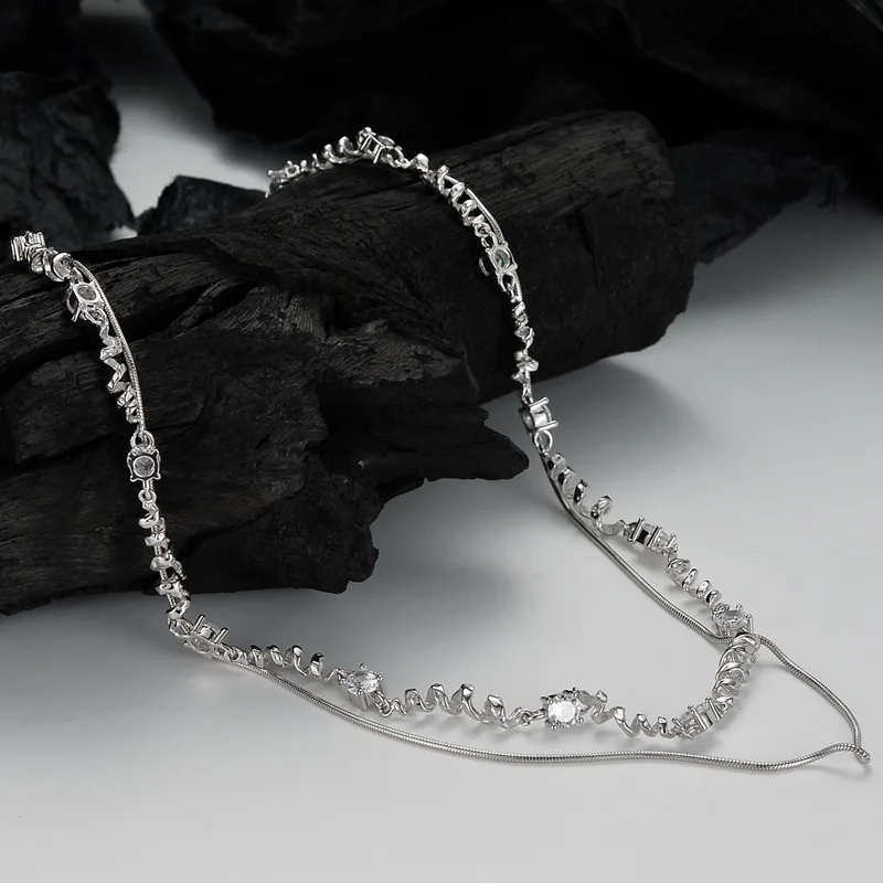 Spring Necklace Double Layer Stackable, S925 Sterling Silver Diamond Accented Collarbone Chain