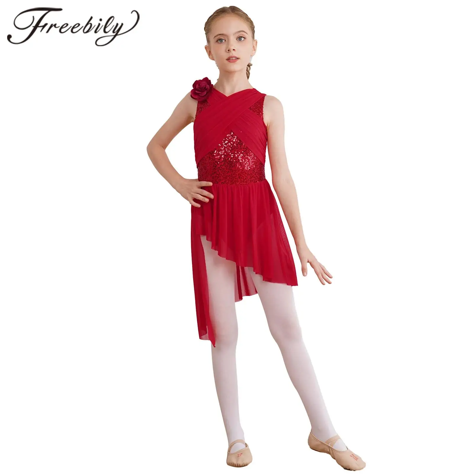 Children's Sheer Mesh Ice Skating Clothes Kids Figure Skating Dress for Girls Shiny Rhinestone Gymnastics Leotard Ballet Dress