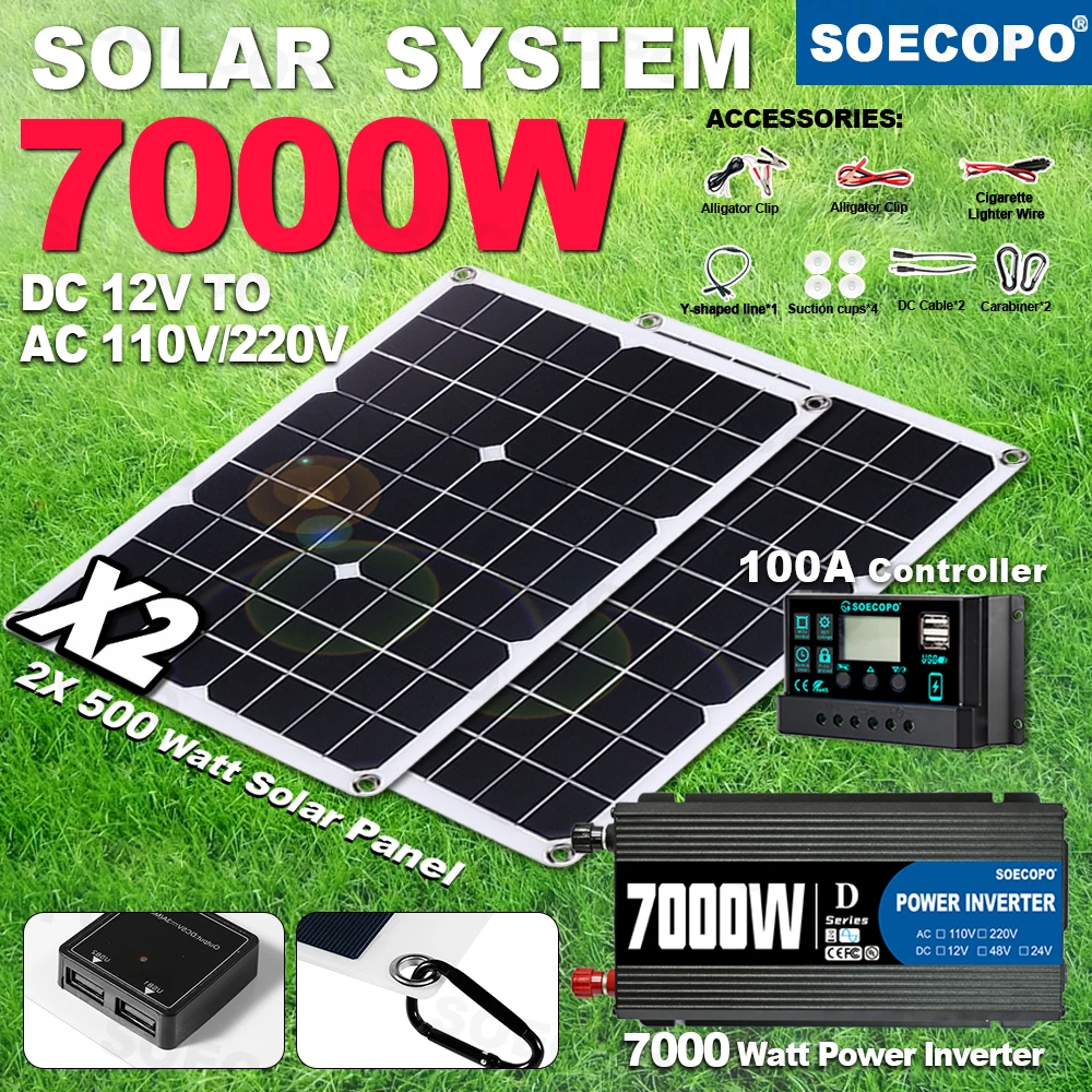 

SOECOPO 7000W Portable for Home, Camping, Car Solar System Set 2×500W Panels DC 12V to AC 110V/220V Inverter 100A Controller