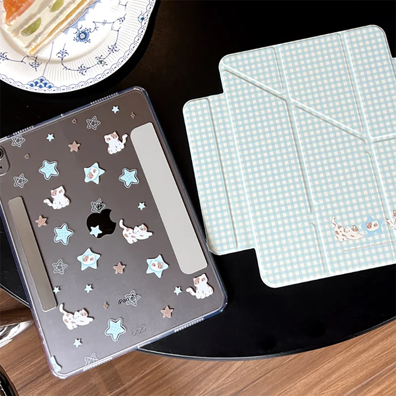 Blue Plaid Cat Magnetic Detachable Case Fits 2026 iPad Air/Pro/Mini & Huawei MatePad Air/Pro, Acrylic Shell + PU Cover, Y-Fold