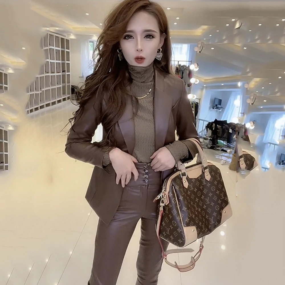 Elegant Ladies Pant Sets Women\'s Fashion Jackets Washed PU Suit Coat + Slim Leather Trousers 2 Piece Suit conjuntos de pantalón