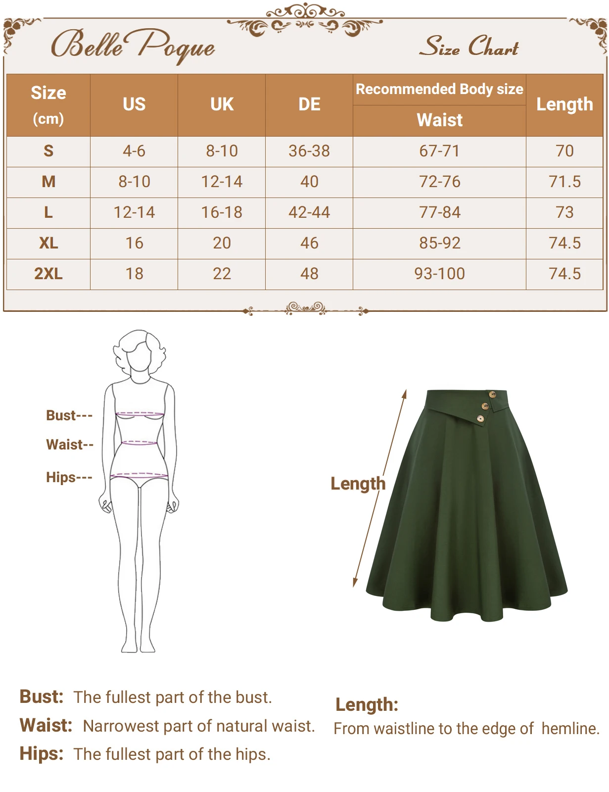 BP Women Skirt Vintage Swing Elastic Waist Buttons Decorated Lady Office Flared A-Line Skirt Elegant High Waist Fashion Skirts