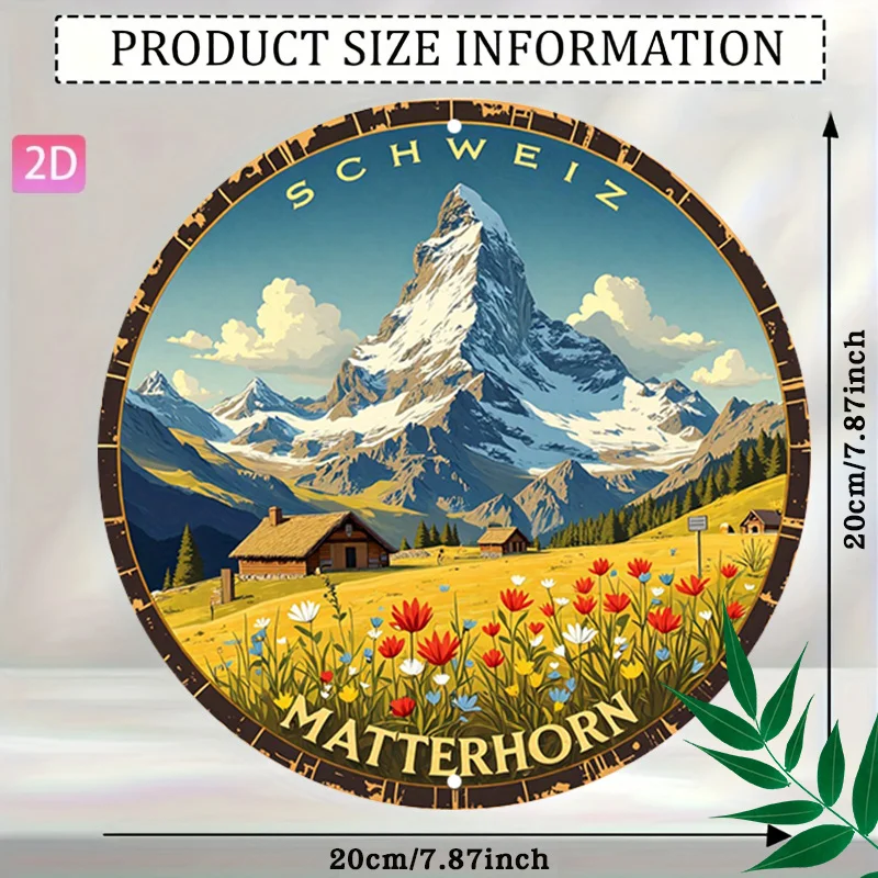 2D Flat, 1pc Swiss Alpine Round Sign,Mountain Scenery 19.81x19.81cm Round Wall Art,Floral Meadow Decorative Plaque,Vintage Trave