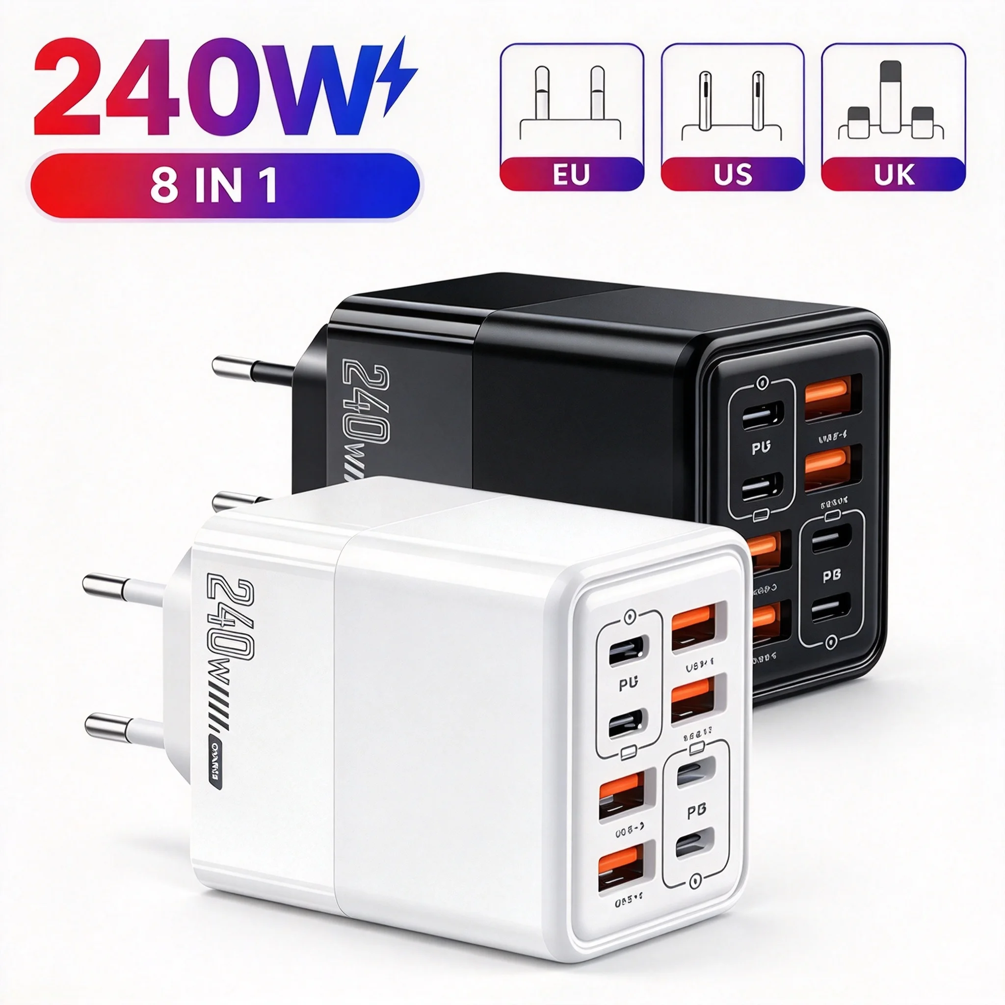 240W 8 Ports USB C Charger Fast Charging Phone Charger Power Adapter EU/US/UK Plug Wall Charger For iPhone Samsung Xiaomi Huawei