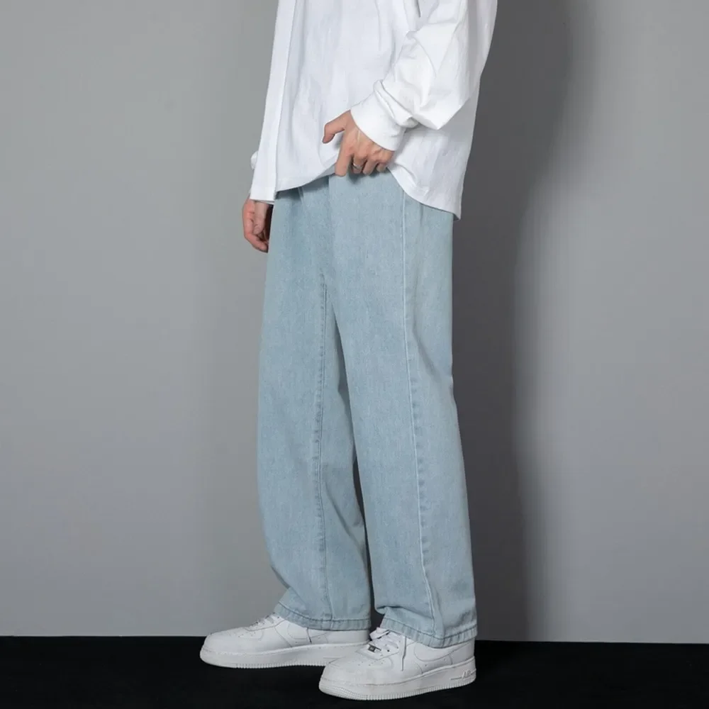 

New Korean Men's Casual Long Jeans Classic Man Straight Denim Wide-leg Pants Solid Color Light Blue Grey Black 5XL
